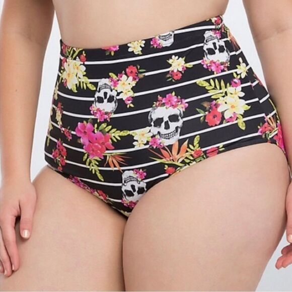 Torrid black white stripes, floral, and skulls high waist swim bottoms - Picture 1 of 4